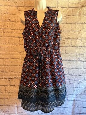 Sleeveless V-Neck Printed Summer Dress in Burgundy & Blue